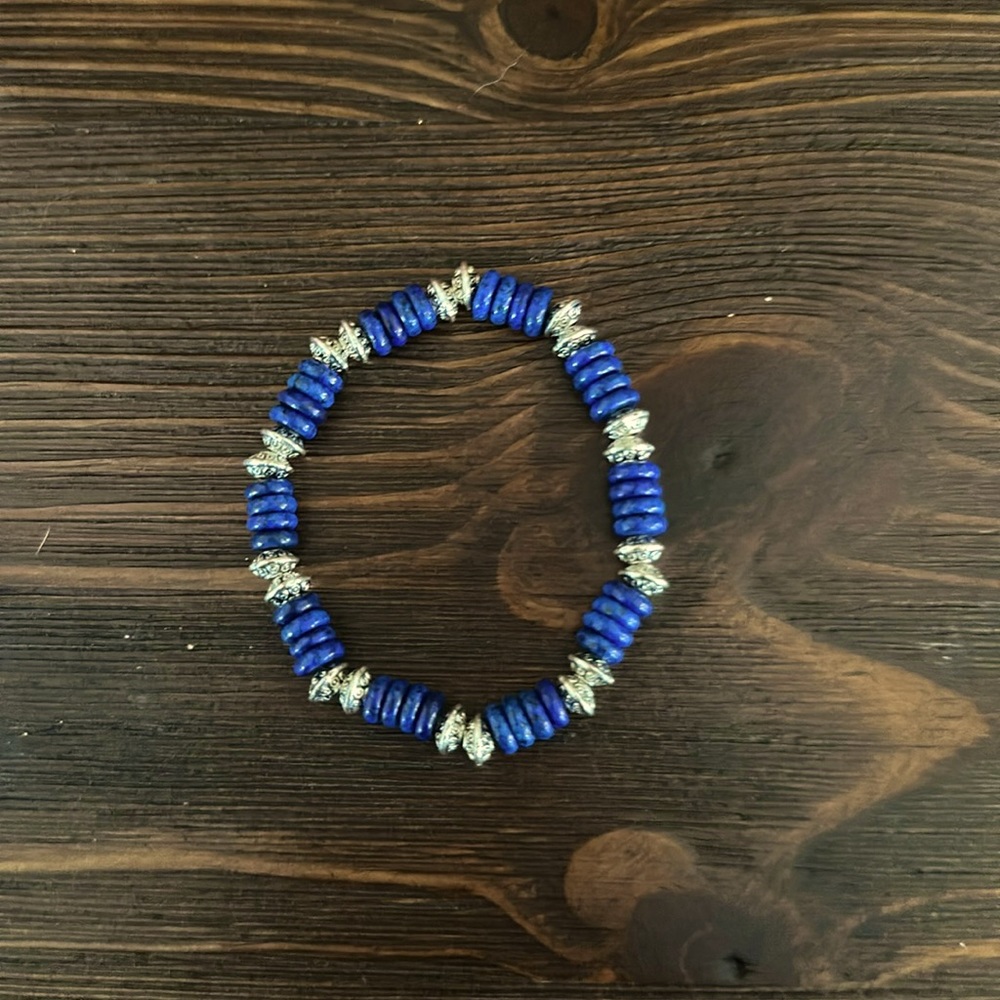 Handcrafted real Lapis and Sterling Silver stretch bracelet for a small wrist